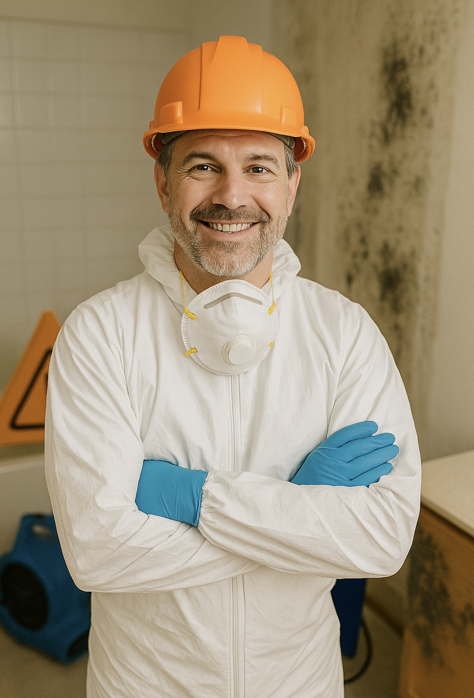 Smiling mold remediation specialist in his 40s wearing a white protective suit, blue gloves, orange hard hat, and an N95 mask around his neck, standing in a bathroom with visible mold damage on the wall and professional equipment in the background.