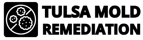 Black logo for Tulsa Mold Remediation featuring three stylized mold spores inside a circle with a diagonal line crossing through, symbolizing mold elimination. The company name appears in bold, uppercase text to the right of the icon.