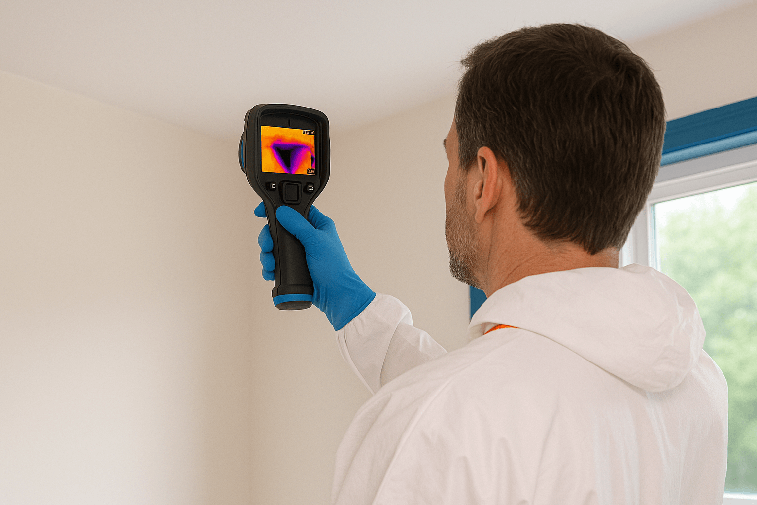Professional mold inspector wearing a white protective suit and blue gloves, uses a thermal imaging camera to scan the upper corner of a room. The camera screen shows a heat signature in shades of purple, pink, and orange, indicating potential hidden moisture or mold.